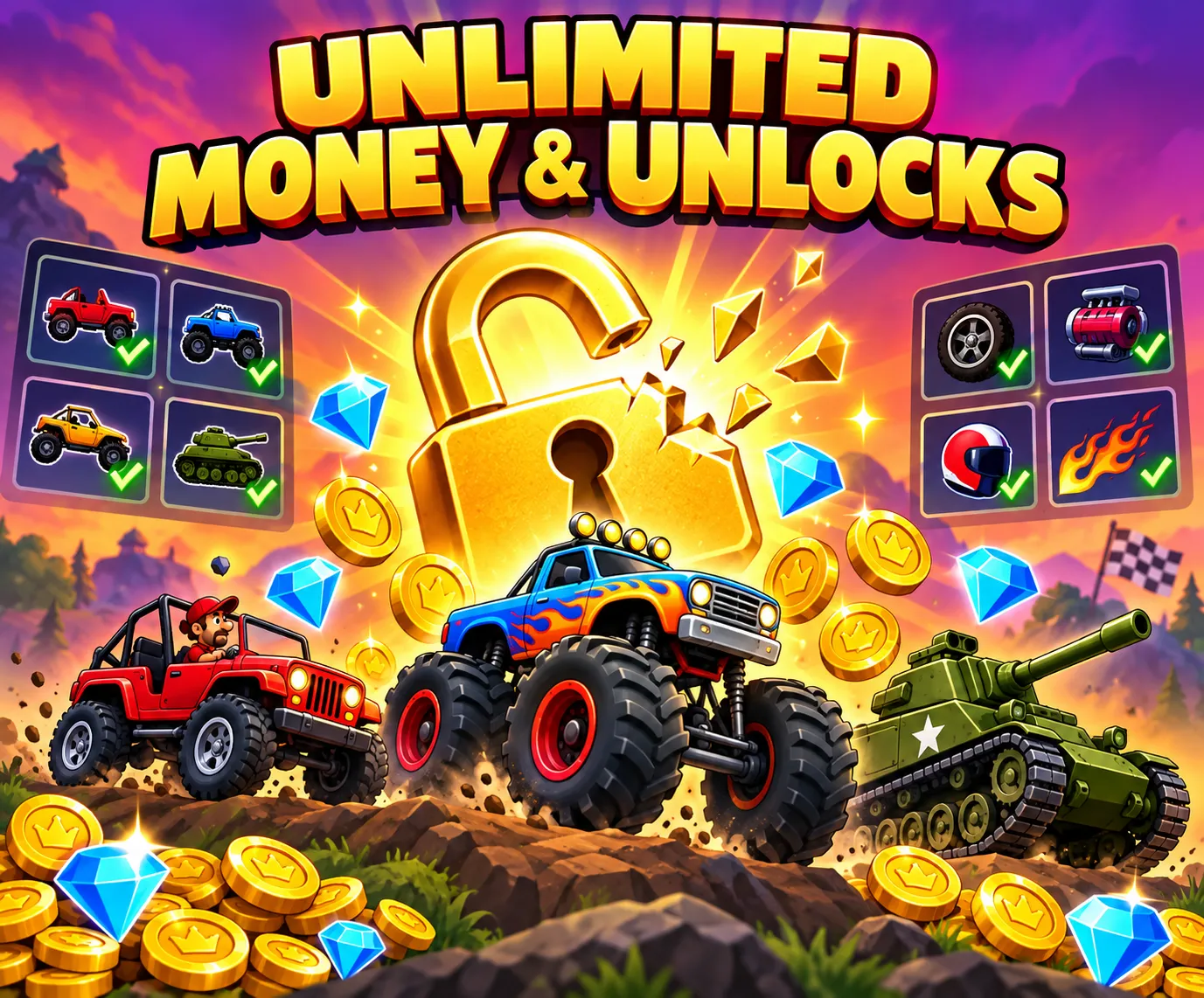 Hill Climb Racing 2 MOD APK Unlimited Money & All Cars Unlocked 1 HCR 2 Mod Features & Unlocks